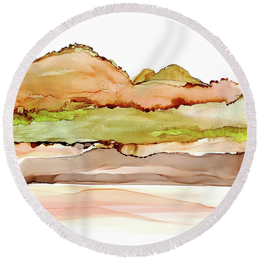 Alcohol Ink Round Beach Towel featuring the painting Desertscape 4 by Chris Paschke