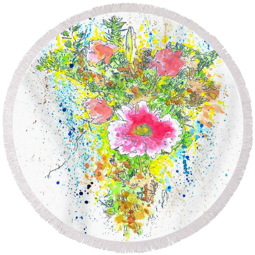 Watercolor Round Beach Towel featuring the mixed media Design 22 flowers by Lucie Dumas