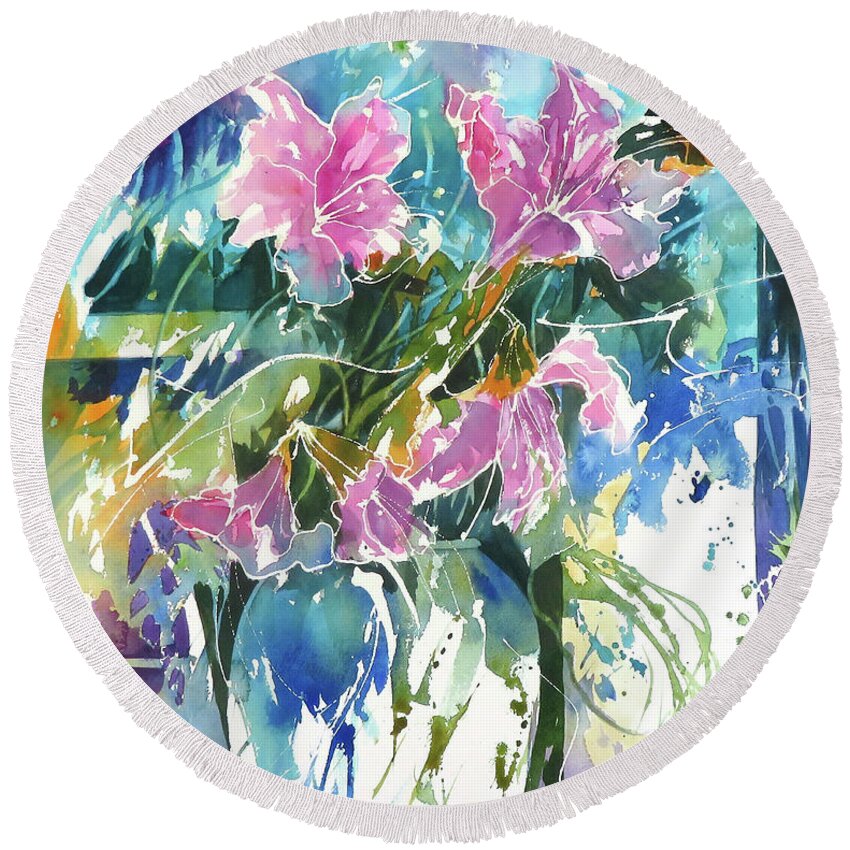 Abstract Round Beach Towel featuring the painting Design In Turquoise and Magenta by Rae Andrews