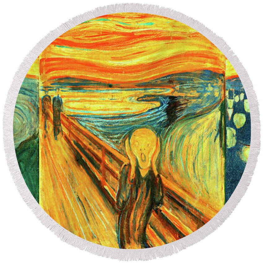 The Scream Round Beach Towel featuring the digital art Despair, Scream and Anxiety by Edvard Munch - collage by Nicko Prints