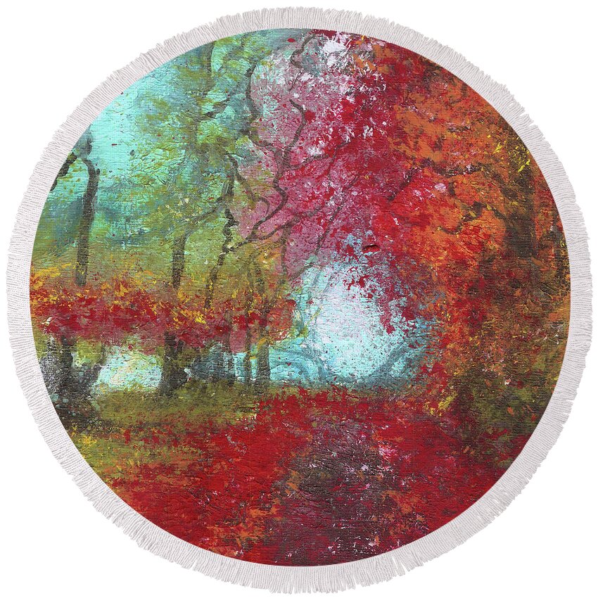 Landscape Round Beach Towel featuring the painting Destiny - Firey Flames of Spring by Remy Francis