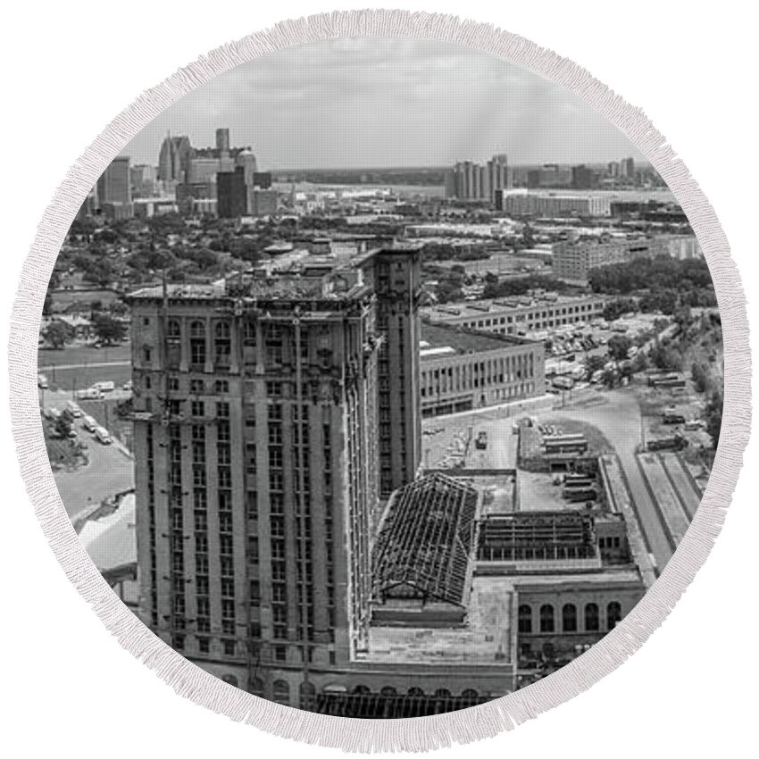 Aerial Of Detroit Round Beach Towel featuring the photograph Detroit Train Depot and Skyline by John McGraw