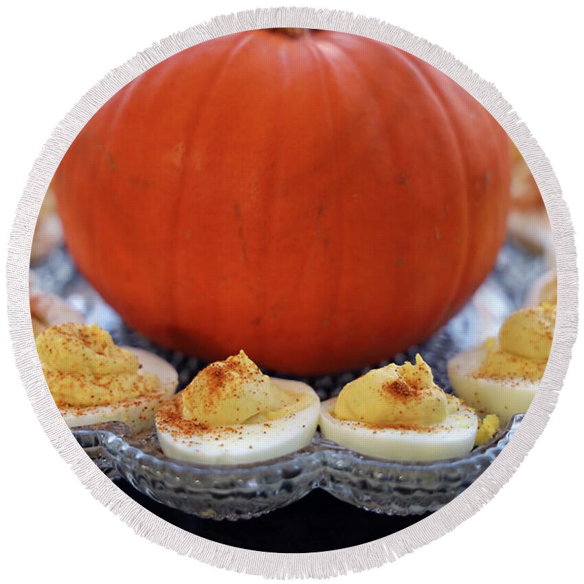 Deviled Eggs Round Beach Towel featuring the photograph Deviled Eggs and Pumpkin 2854 by Jack Schultz