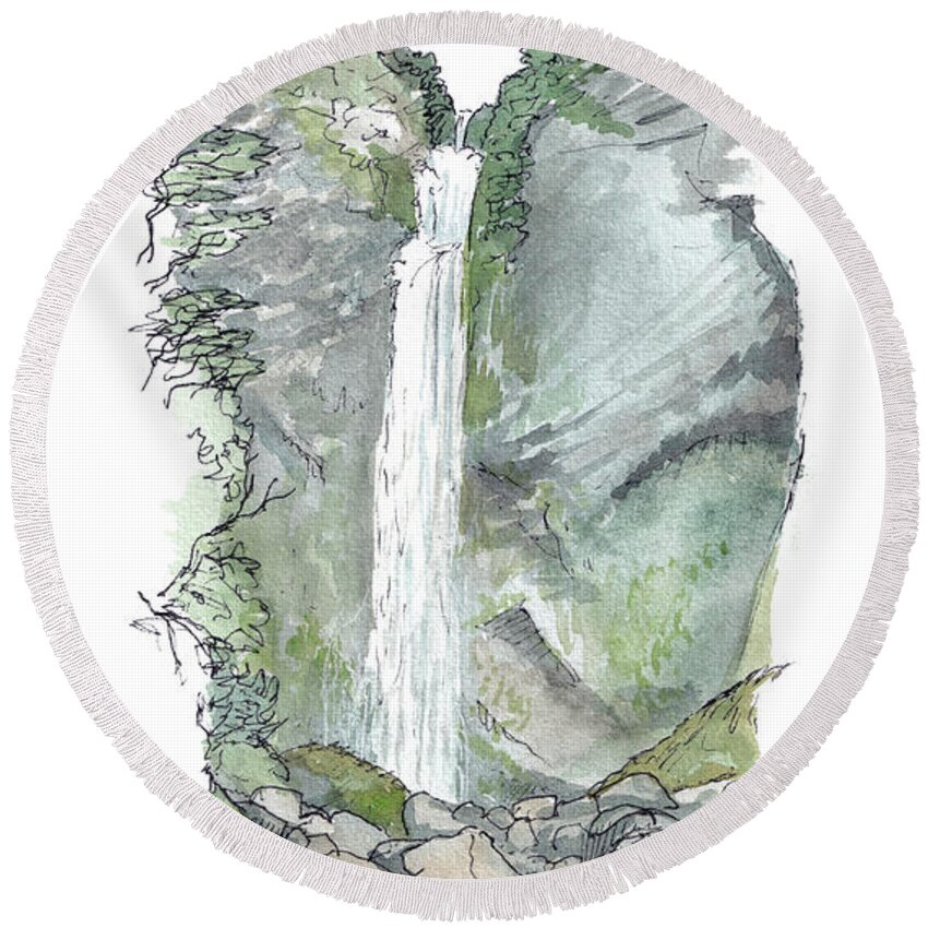 New Zealand Round Beach Towel featuring the painting Devils Punch Bowl by Tom Napper