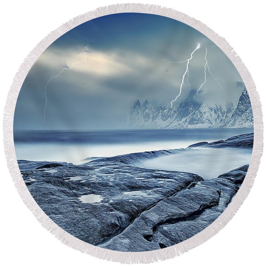 Seascape Round Beach Towel featuring the photograph Devil's Teeth,Senja Norway by Sal Ahmed
