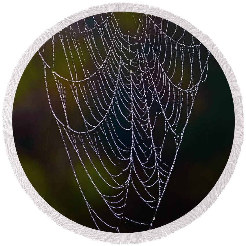 Dew Round Beach Towel featuring the photograph Dew on a Spider Web - Washington, West Virginia by David Morehead