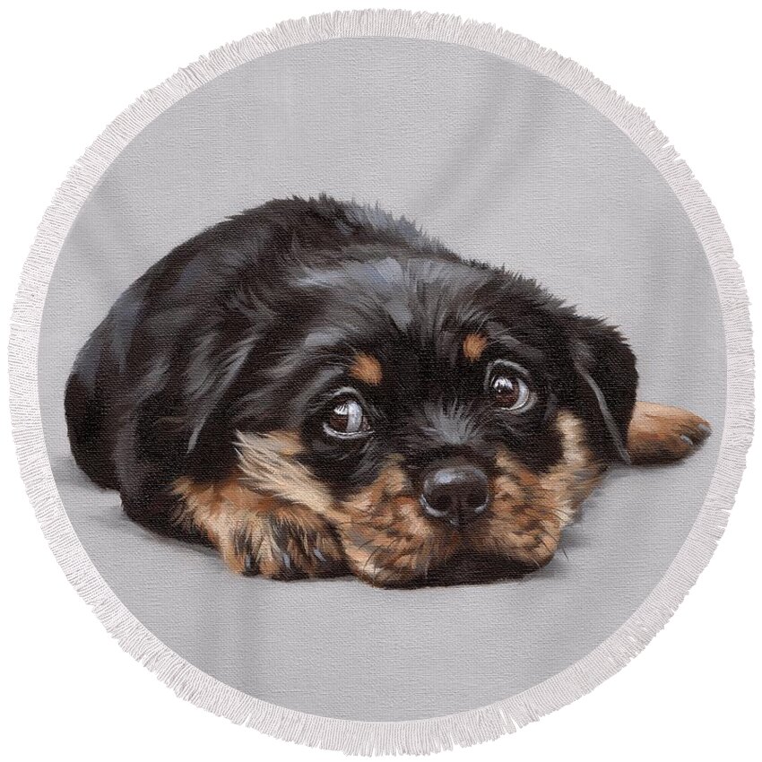 Puppy Round Beach Towel featuring the painting Dexter by Rachel Stribbling