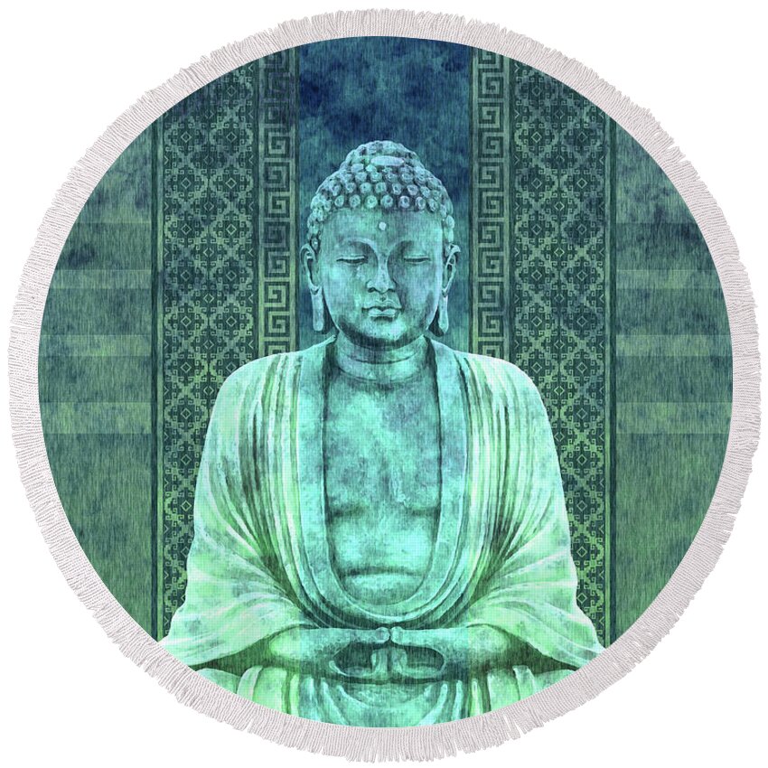 Buddha Round Beach Towel featuring the mixed media Dhyana - Buddha in Meditation 02 by Studio Grafiikka