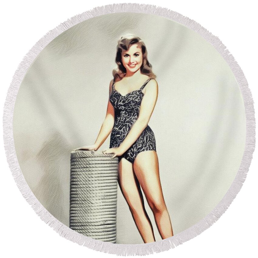 Diane Round Beach Towel featuring the painting Diane Jergens, Vintage Actress by Esoterica Art Agency