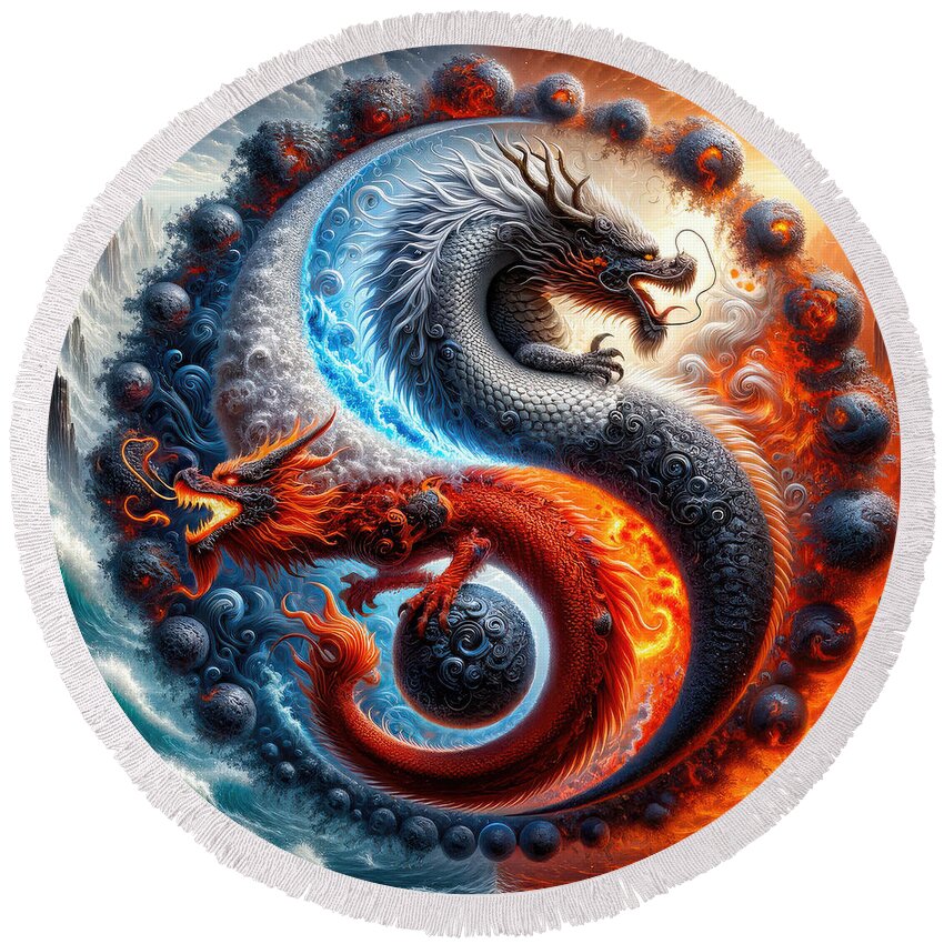 Elemental Dragons Round Beach Towel featuring the digital art Dichotomy of Dragons by Bill And Linda Tiepelman