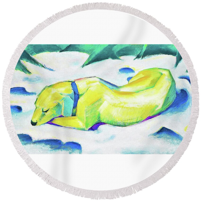 Franz Marc Round Beach Towel featuring the painting Digital Remastered Edition - Dog Lying in the Snow by Franz Marc