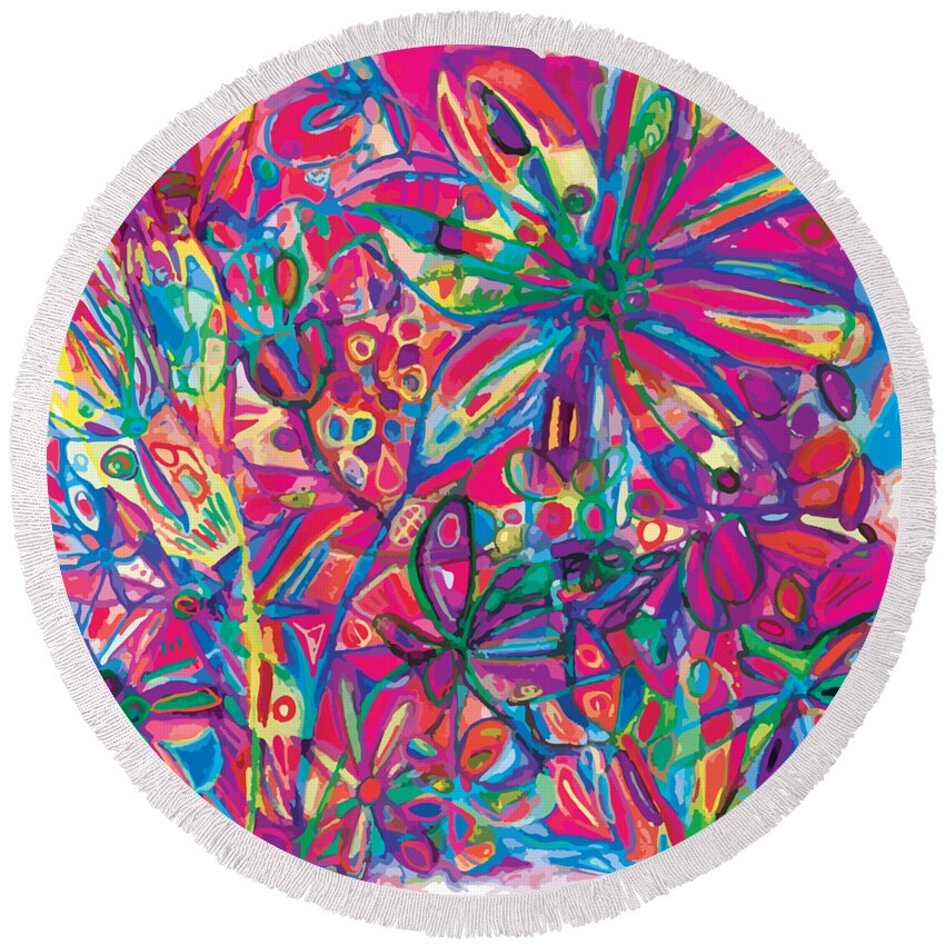 Abstract Nature Round Beach Towel featuring the digital art Digital Version of Abstract Colorful flowers Joyful Garden In Magenta by Patricia Awapara