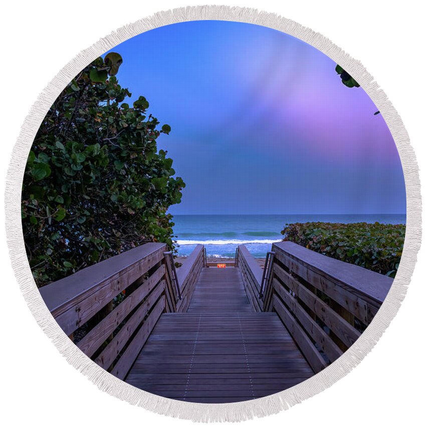 Jupiter Florida Round Beach Towel featuring the photograph Discovering Serenity Jupiter Beach Access 53 at Twilight by Kim Seng