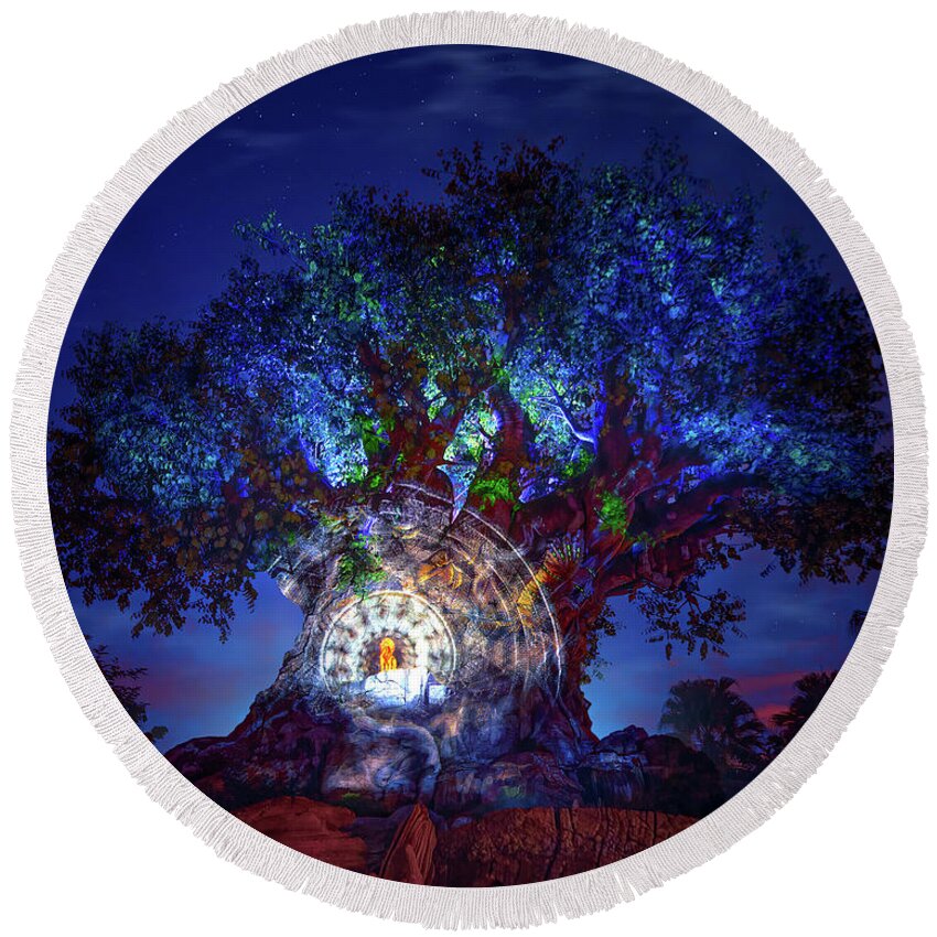 Tree Of Life Round Beach Towel featuring the photograph Disney's Magical Tree of Life at Animal Kingdom by Mark Andrew Thomas