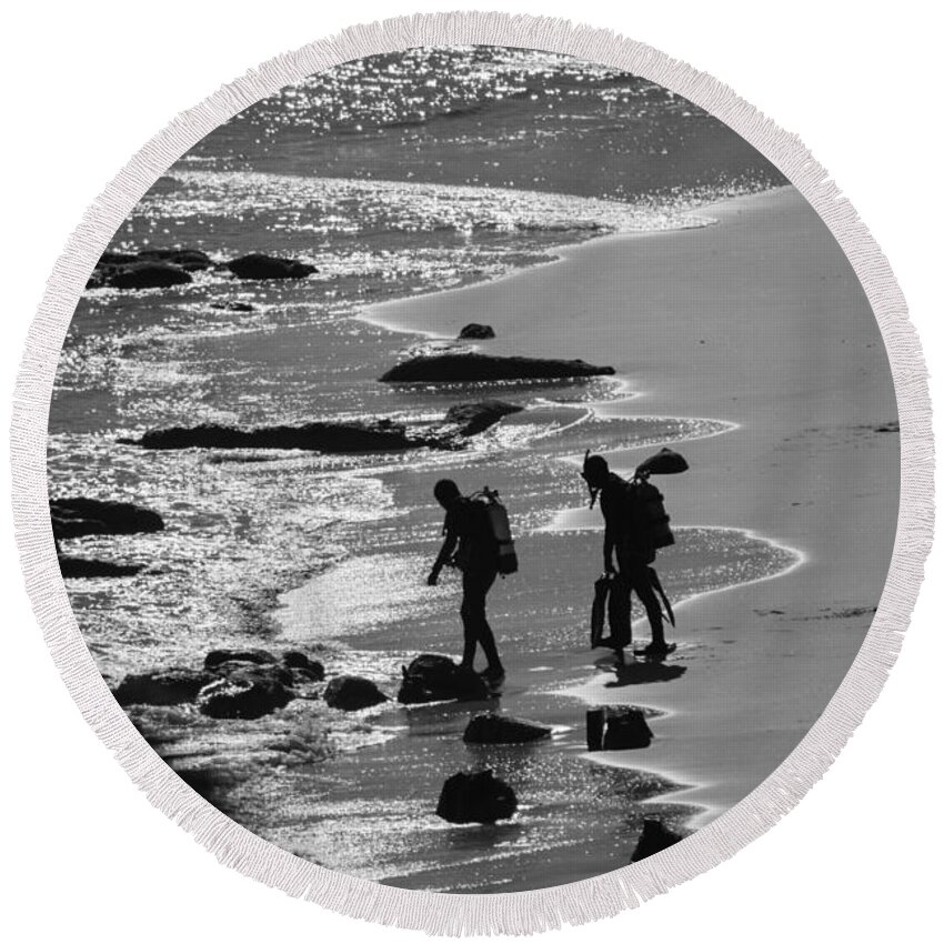Diver Round Beach Towel featuring the photograph Divers at Dawn by Bonny Puckett