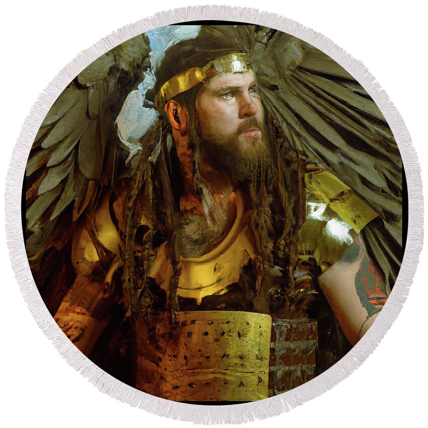 Norse Round Beach Towel featuring the mixed media Divine Angelic Warrior by Shawn Dall