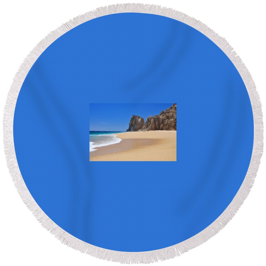 The Blue Pacific Rolls Into The Pristine Sands Of Divorce Beach Near Cabo San Lucas Mexico  Ironically This Beach Is Just Opposite Lovers Beach Which Looks Out Onto The Gulf Of California Round Beach Towel featuring the digital art Divorce Beach by Ed Stokes