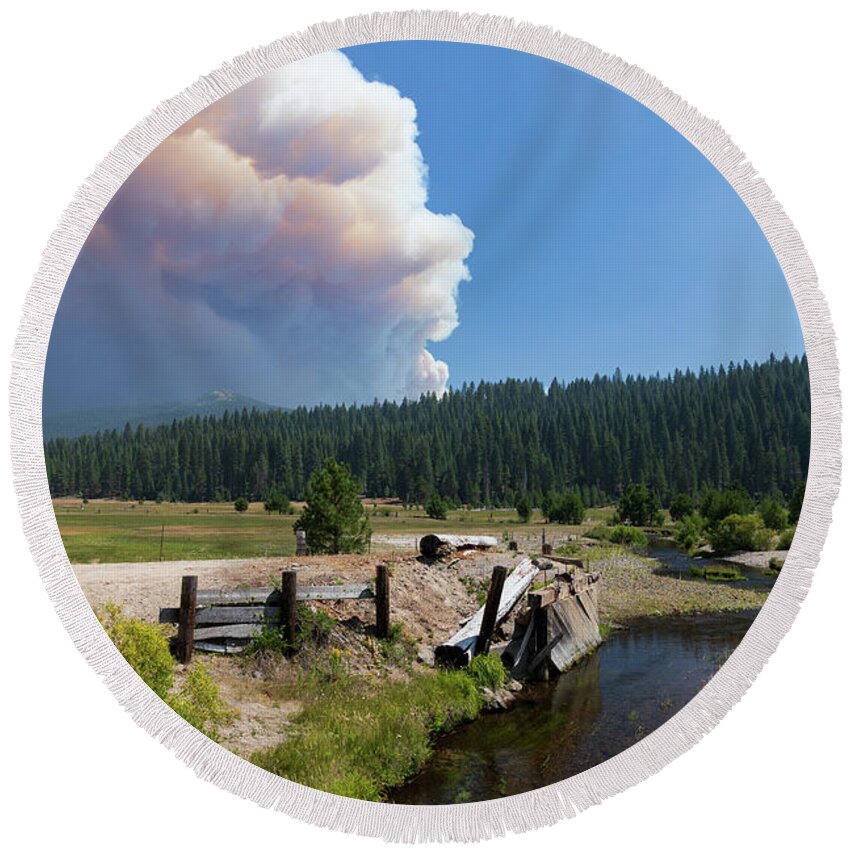 Nature Round Beach Towel featuring the photograph Dixie Fire Plume and Deer Creek by Mike Lee