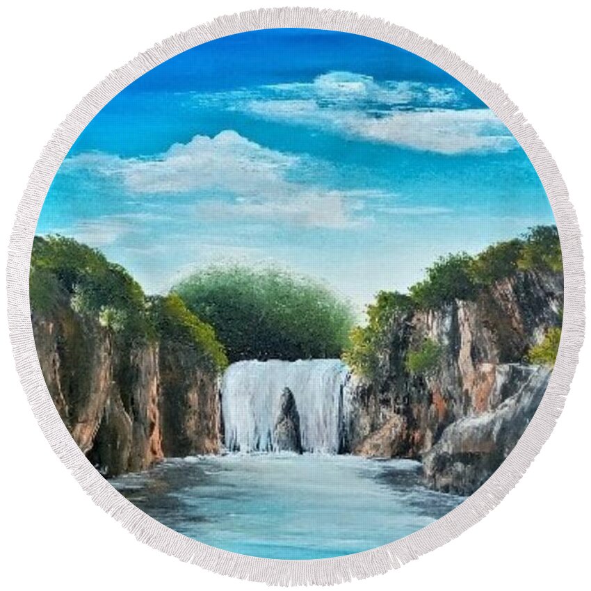 Landscape Round Beach Towel featuring the painting DO4-Deno Onsumo by Deno Onsomu
