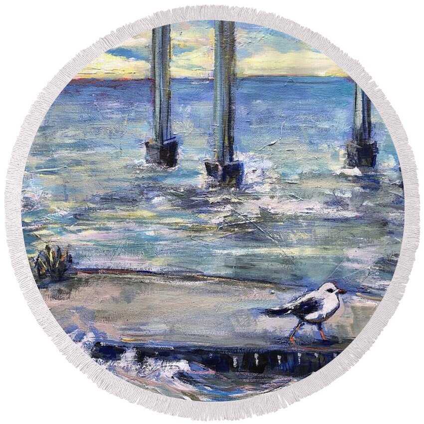 Sea Round Beach Towel featuring the painting Dock Friend by Mary Schiros