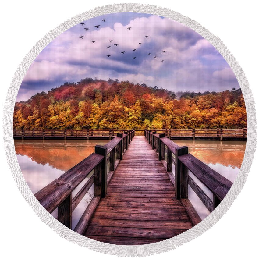 Carolina Round Beach Towel featuring the photograph Dock into Autumn by Debra and Dave Vanderlaan