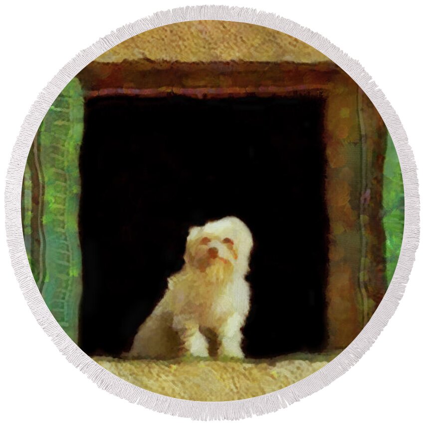 Dog In The Window Round Beach Towel featuring the painting Dog in the window by George Rossidis