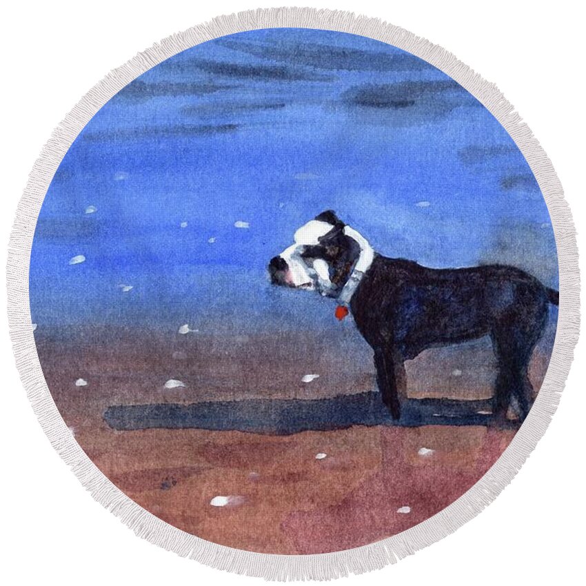 Dog Round Beach Towel featuring the painting Dog on a Beach by Vicki B Littell