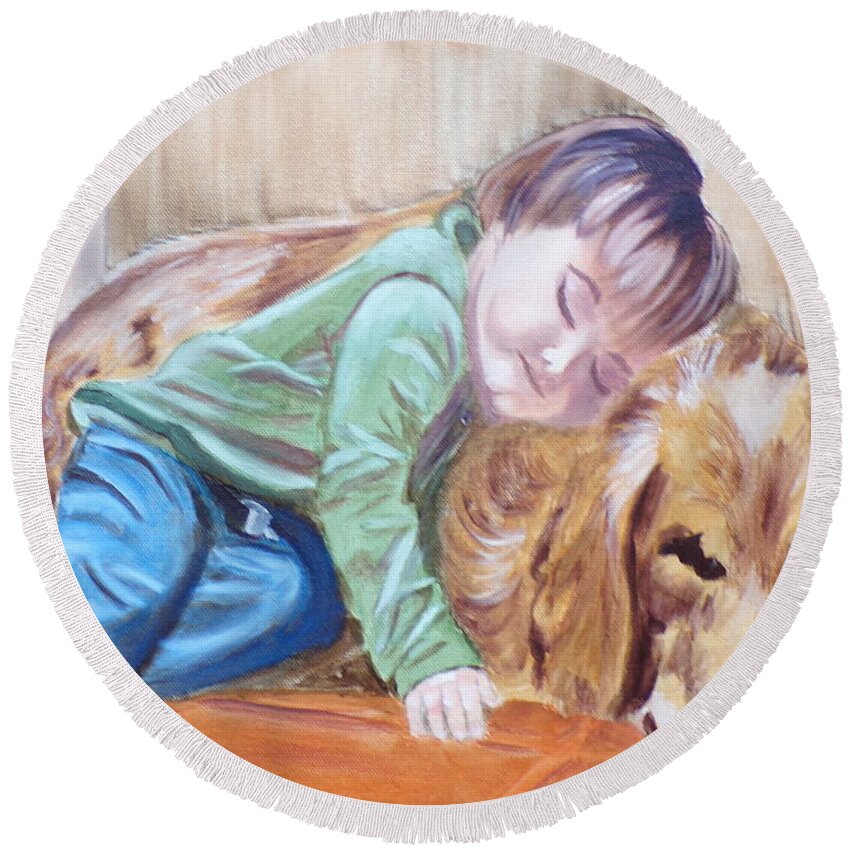 Pets Round Beach Towel featuring the painting Doggy Pillow by Kathie Camara