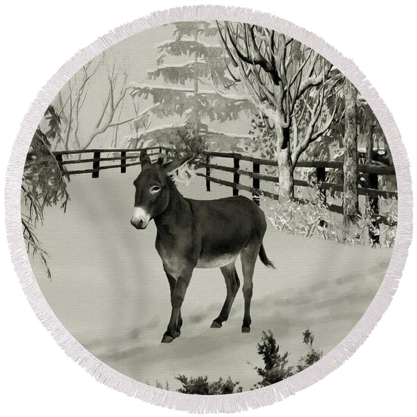 Donkey Round Beach Towel featuring the mixed media Donkey In The Winter Corral B W by David Dehner