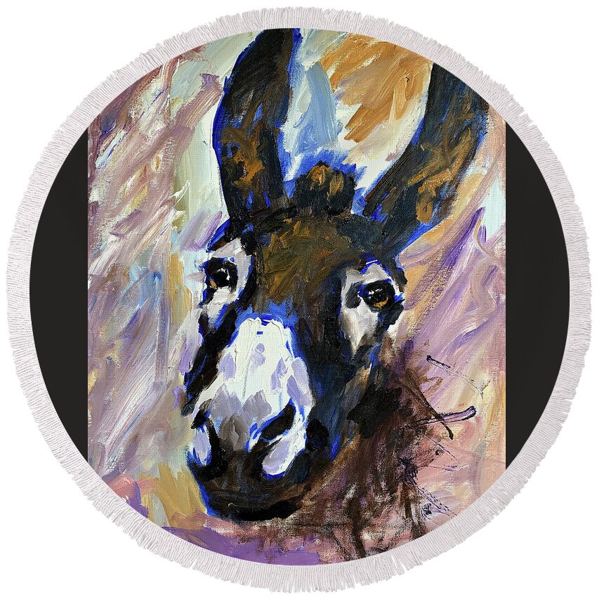 Tranquility Round Beach Towel featuring the painting Donkey by Valeriy Mavlo