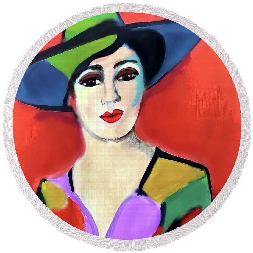 Contemporary Art Round Beach Towel featuring the digital art Donna with Hat by Stacey Mayer