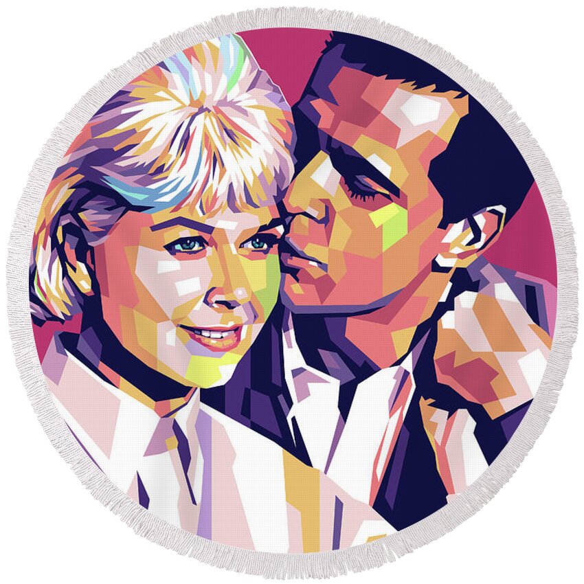 Doris Day Round Beach Towel featuring the painting Doris Day and James Garner by Movie World Posters