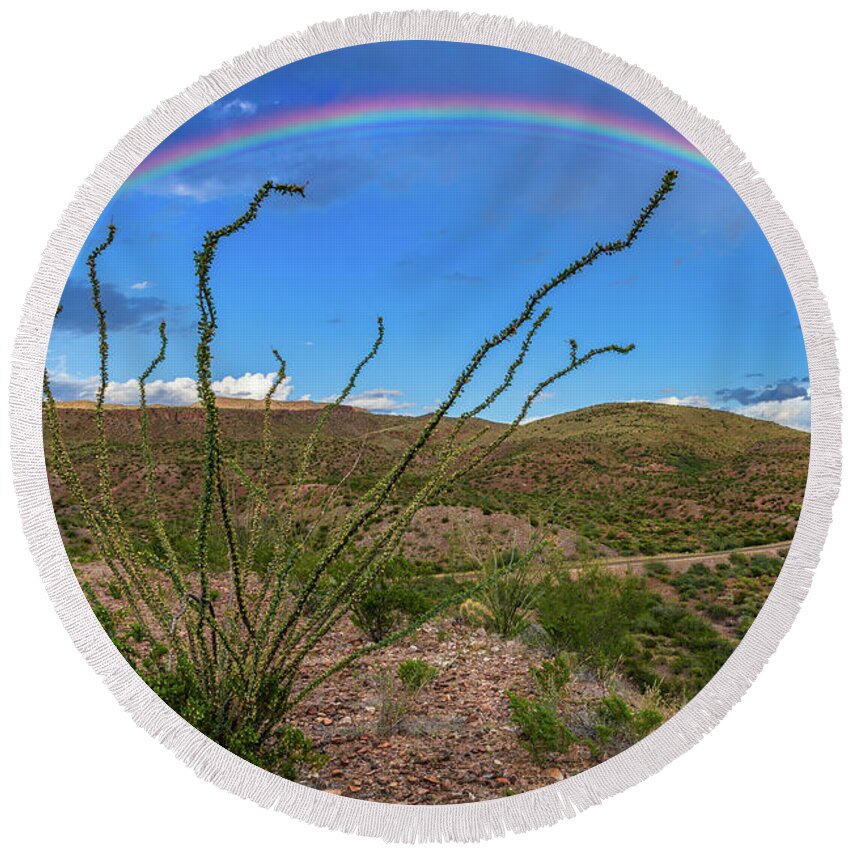 Landscape Round Beach Towel featuring the photograph Double Desert Rainbow by Erin K Images