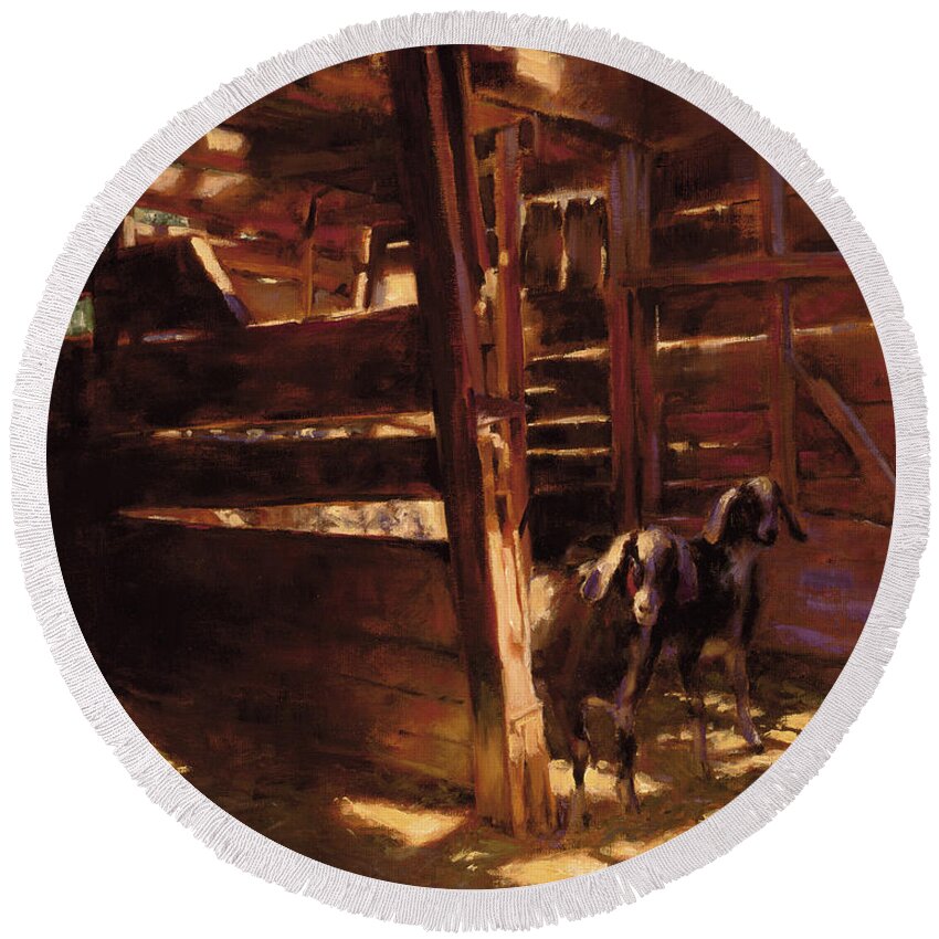 Goats Round Beach Towel featuring the painting Double Trouble in the Barn by Susan Blackwood