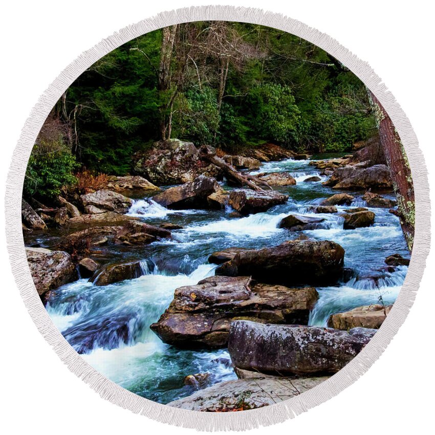 Waterfall Round Beach Towel featuring the photograph Down Stream From Glade Creek Grist Mill by Flees Photos