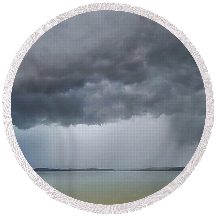 Weather Round Beach Towel featuring the photograph Downpour in Ida's Rain Band by Ally White