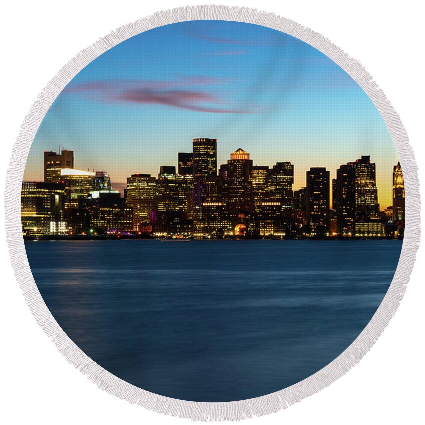 2014 Round Beach Towel featuring the photograph Downtown Boston Skyline at Night Sunset Photo by Paul Velgos