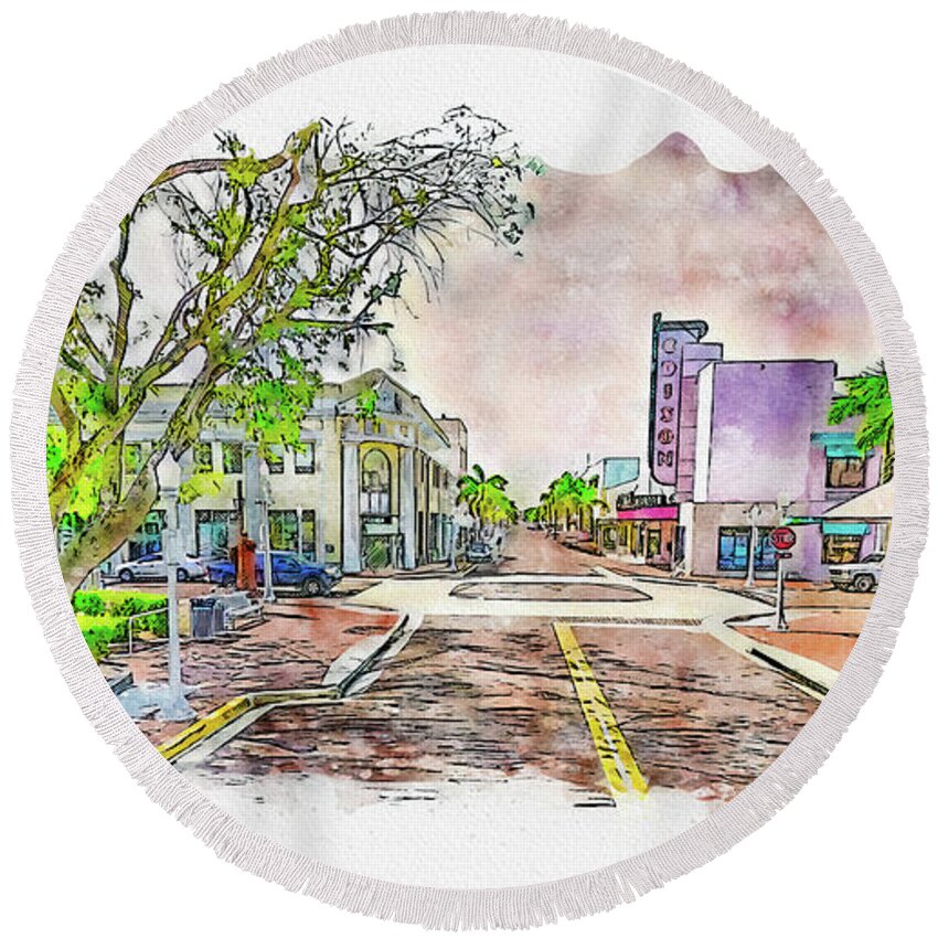 Downtown Fort Myers Round Beach Towel featuring the digital art Downtown Fort Myers, Florida, near the Edison Theatre - pen sketch and watercolor by Nicko Prints