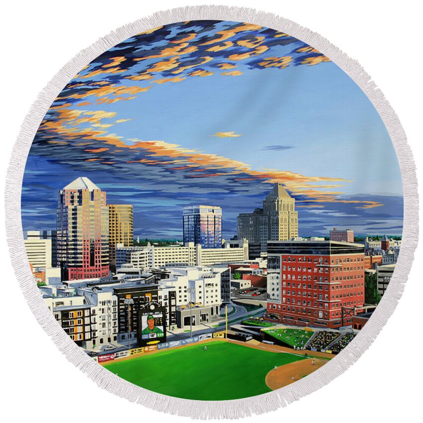 Cityscape Round Beach Towel featuring the painting Downtown Greensboro NC by John Gibbs