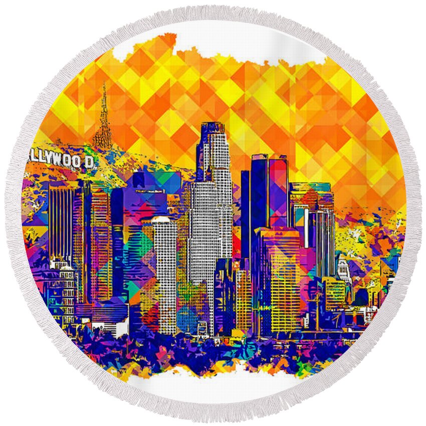 Los Angeles Round Beach Towel featuring the digital art Downtown Los Angeles skyline with the Hollywood sign in the background - colorful digital painting by Nicko Prints
