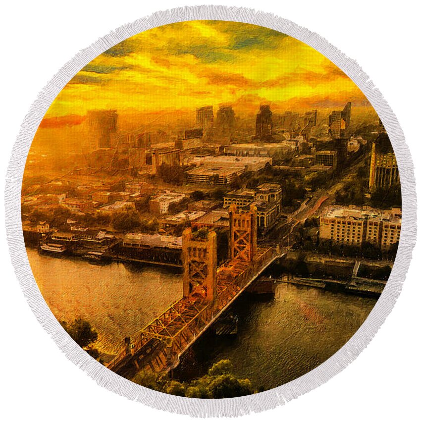 Sacramento Round Beach Towel featuring the digital art Downtown Sacramento and Tower Bridge at sunset - digital painting by Nicko Prints