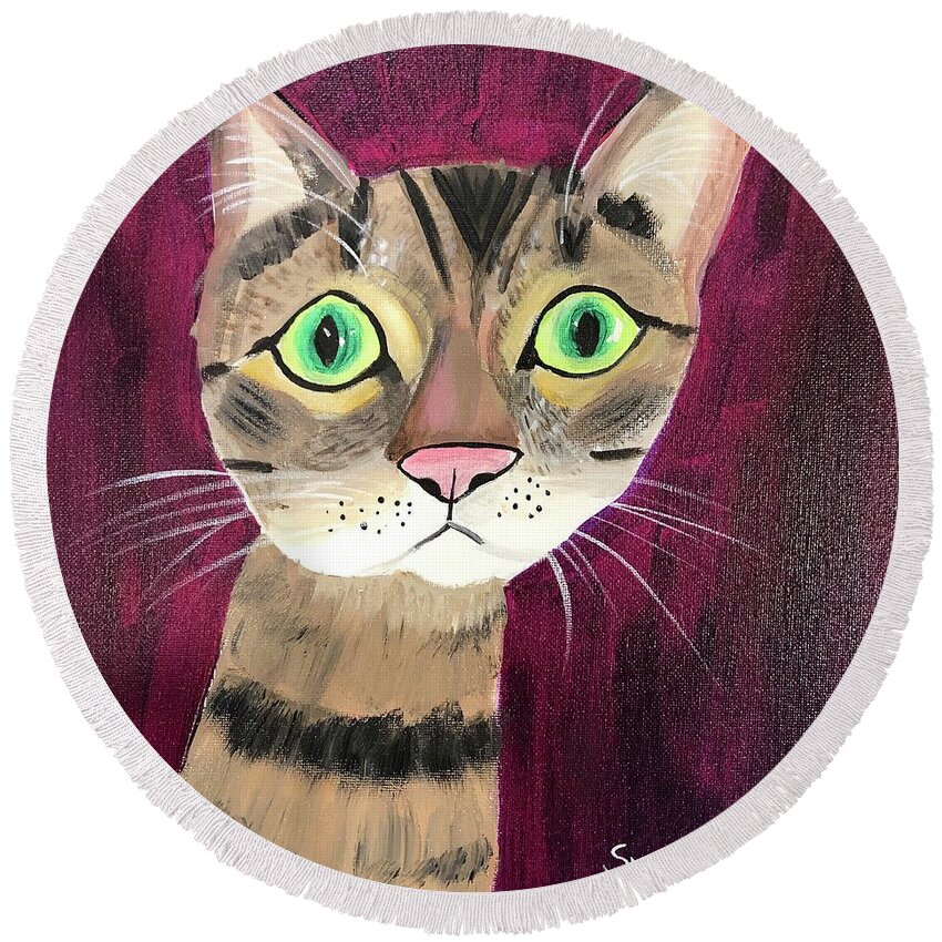 Suzymandelcanter Round Beach Towel featuring the painting Dozo by Suzy Mandel-Canter
