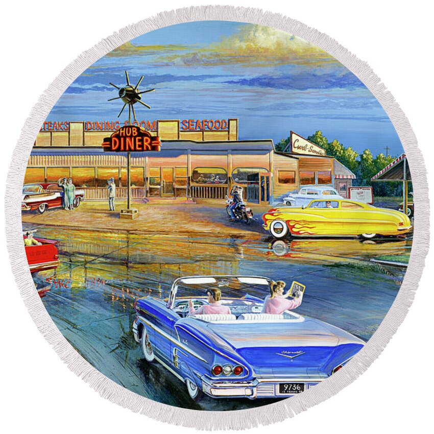 1958 Round Beach Towel featuring the painting Dragging the Circle - Hub Diner by Randy Welborn