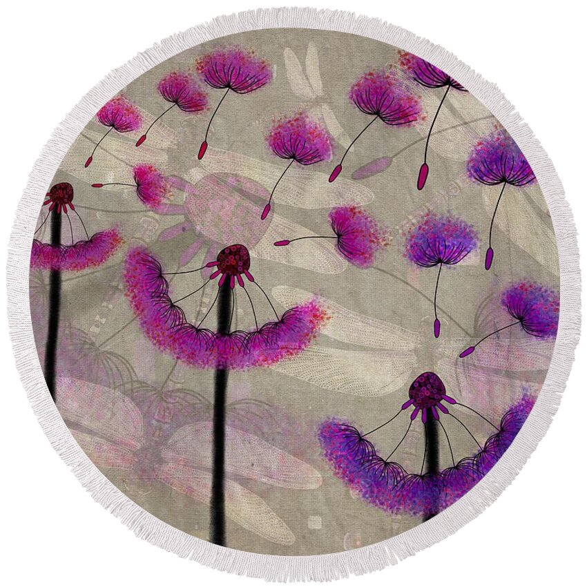 Dandelion Round Beach Towel featuring the drawing Dragonflies And Dandelions Three Pink And Purple by Joan Stratton