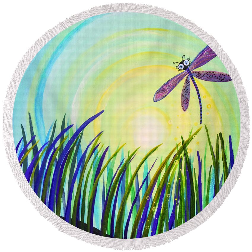 Dragon Fly Round Beach Towel featuring the painting Dragonfly at the Bay III by Mindy Huntress