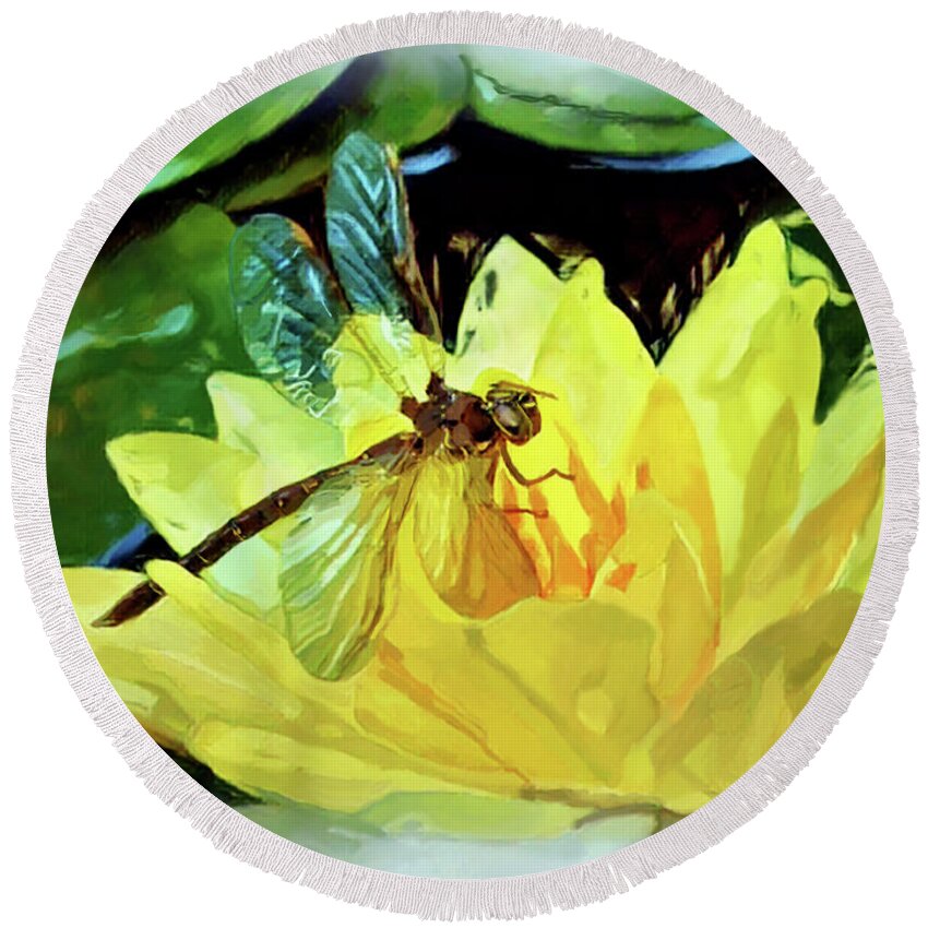 Dragonfly Round Beach Towel featuring the painting Dragonfly on Waterlily  by Joel Smith