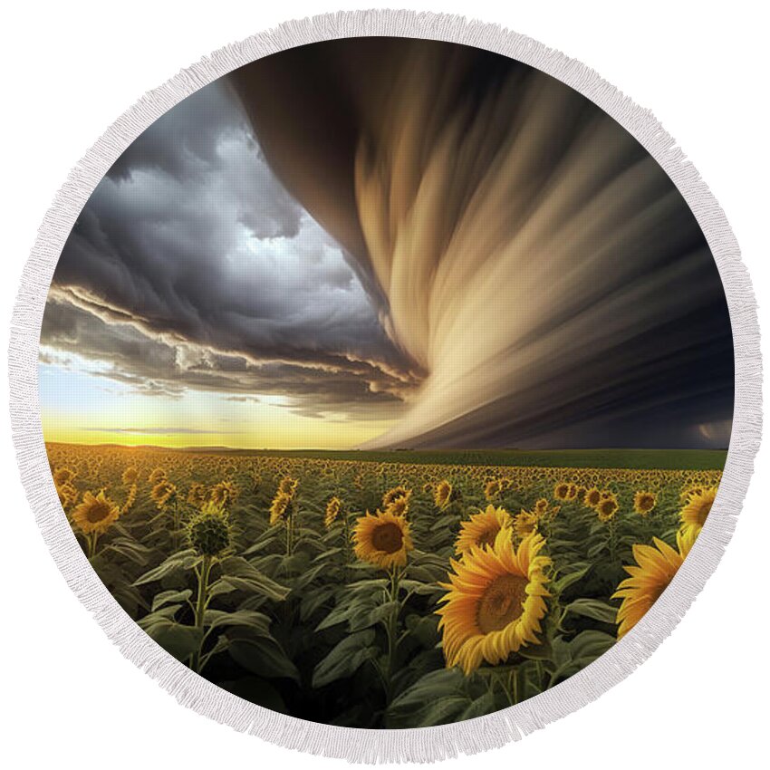 Storm Round Beach Towel featuring the digital art Dramatic clouds stretch across the sky, seemingly engulfing the horizon above a field of sunflowers. by Odon Czintos