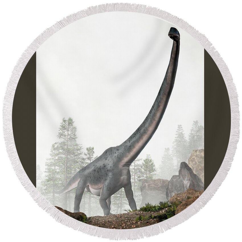 Dreadnoughtus Round Beach Towel featuring the digital art Dreadnoughtus in Fog by Daniel Eskridge