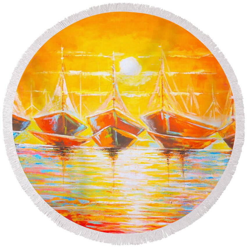Living Room Round Beach Towel featuring the painting Dream Canoes by Olaoluwa Smith