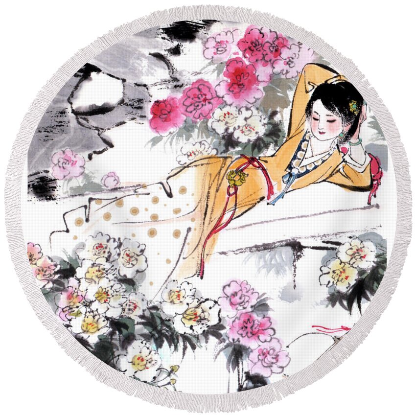 Liu Danzhai Round Beach Towel featuring the painting Dream of the Red Chamber - Woman Laying In Garden by Liu Danzhai